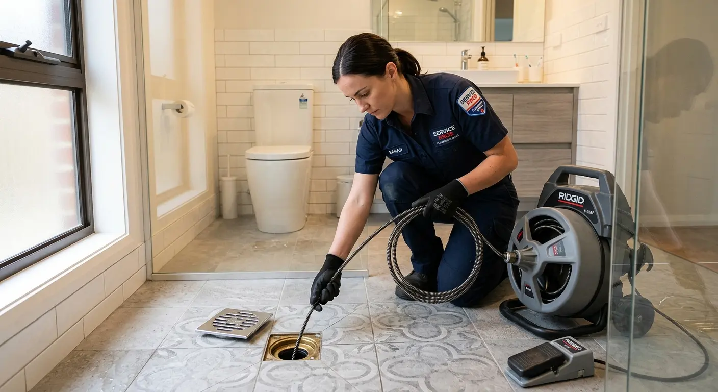 Technician clearing a bathroom floor drain for Hydro Jetting in Sweetwater